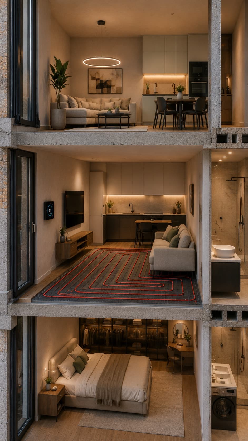 Sectiune printr-un apartament Magnolia: living, bucatarie, incalzire in pardoseala, dormitor si baie